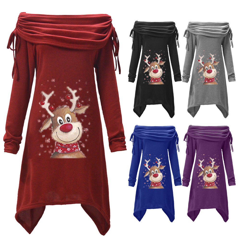 Damen Freizeitkleid mit schulterfreiem Design und verspieltem Rentier-Motiv Drune