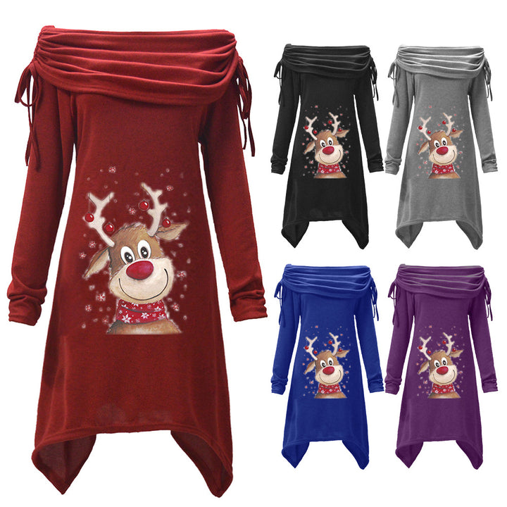 Damen Freizeitkleid mit schulterfreiem Design und verspieltem Rentier-Motiv Drune