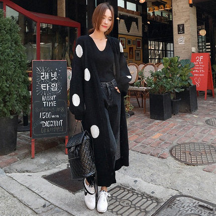 Damen Langer Oversize-Strickmantel mit großem Polka‑Dot‑Muster, Ballonärmeln und offener Front Drune
