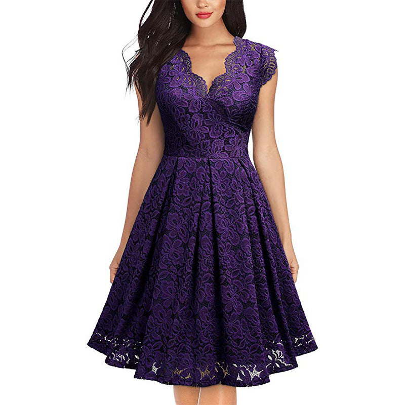 Damen Spitzenkleid mit V-Ausschnitt und ausgestelltem Rock Drune
