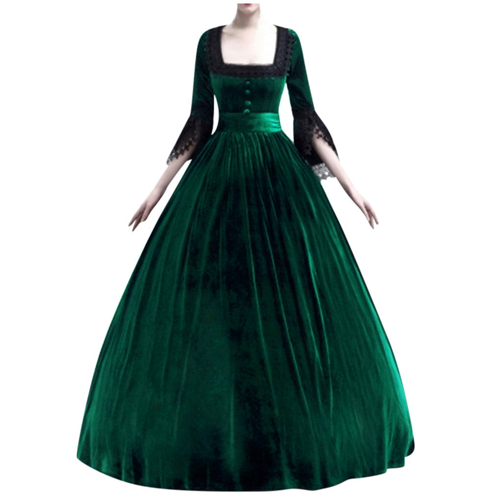 Damen Viktorianisches Samt-Ballkleid mit geraffter Taille und Spitzenärmeln Drune