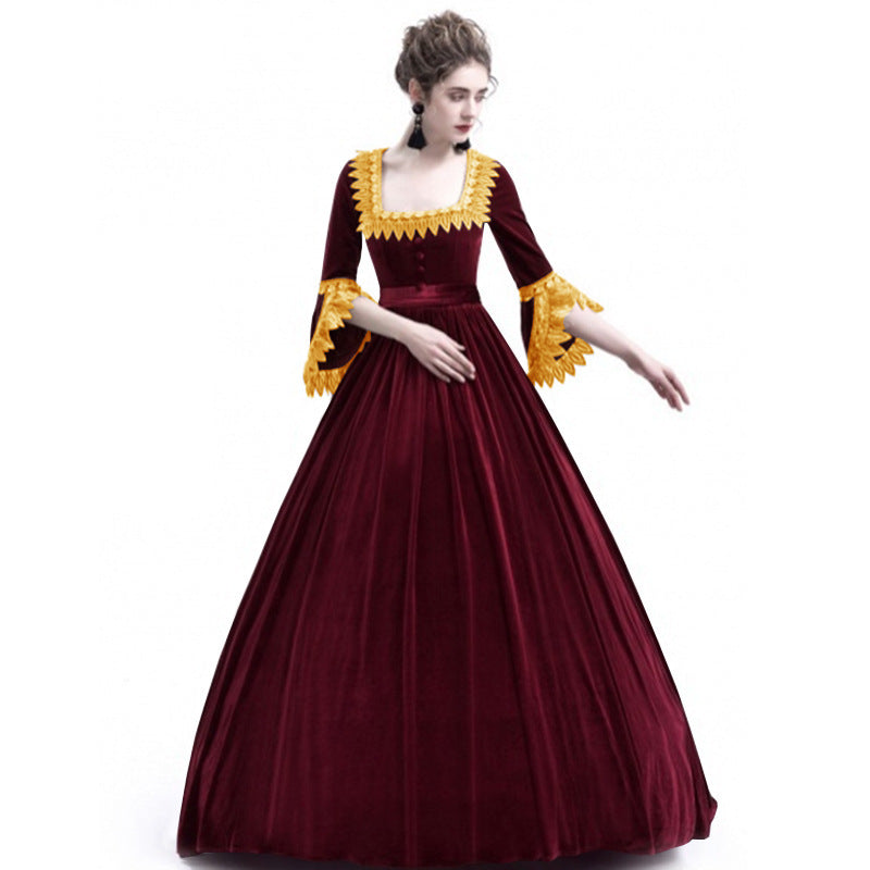 Damen Viktorianisches Samt-Ballkleid mit geraffter Taille und Spitzenärmeln Drune