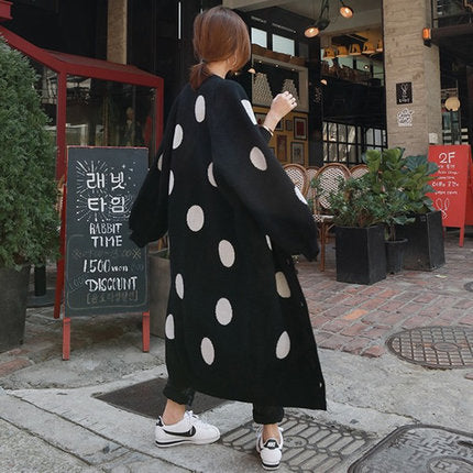 Damen Langer Oversize-Strickmantel mit großem Polka‑Dot‑Muster, Ballonärmeln und offener Front Drune