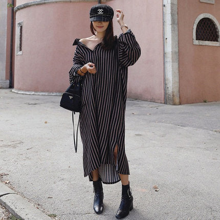 Damen Oversize-Hemdkleid mit vertikalen Streifen, V-Ausschnitt und Ballonärmeln Drune