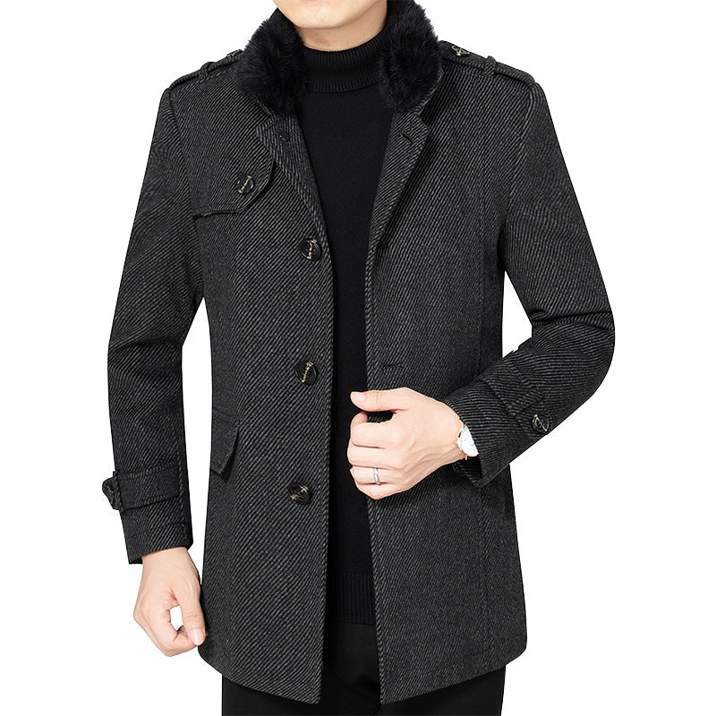 Herren Diagonalgestreifter Kurzmantel mit Kunstfellkragen und Schulterklappen Drune
