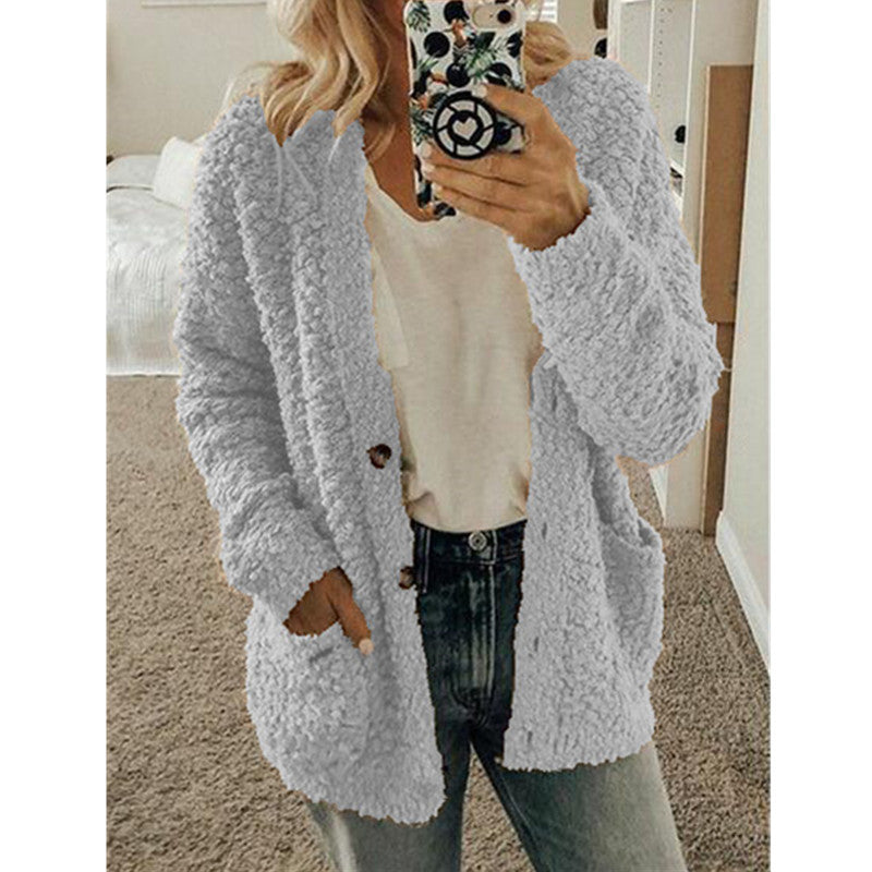 Damen nan locker geschnittener Teddy-Flausch-Cardigan mit dezenter Knopfleiste und aufgesetzten Eingrifftaschen Drune