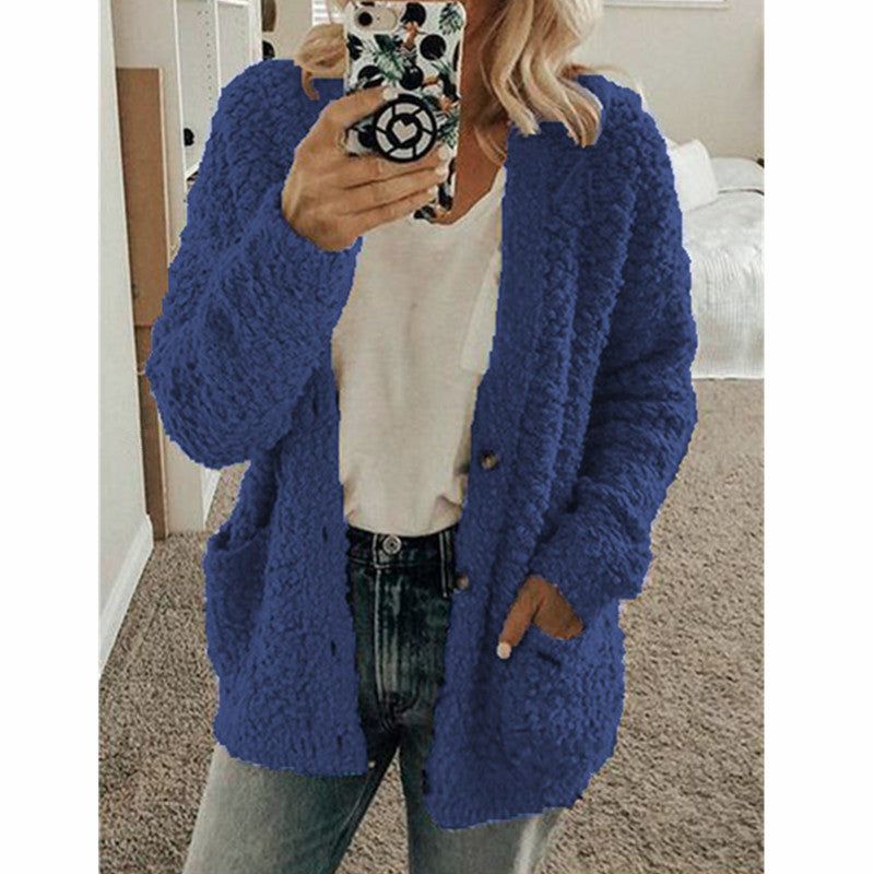 Damen nan locker geschnittener Teddy-Flausch-Cardigan mit dezenter Knopfleiste und aufgesetzten Eingrifftaschen Drune