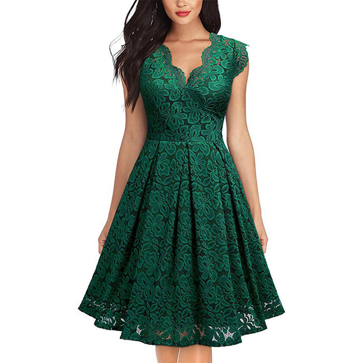Damen Spitzenkleid mit V-Ausschnitt und ausgestelltem Rock Drune