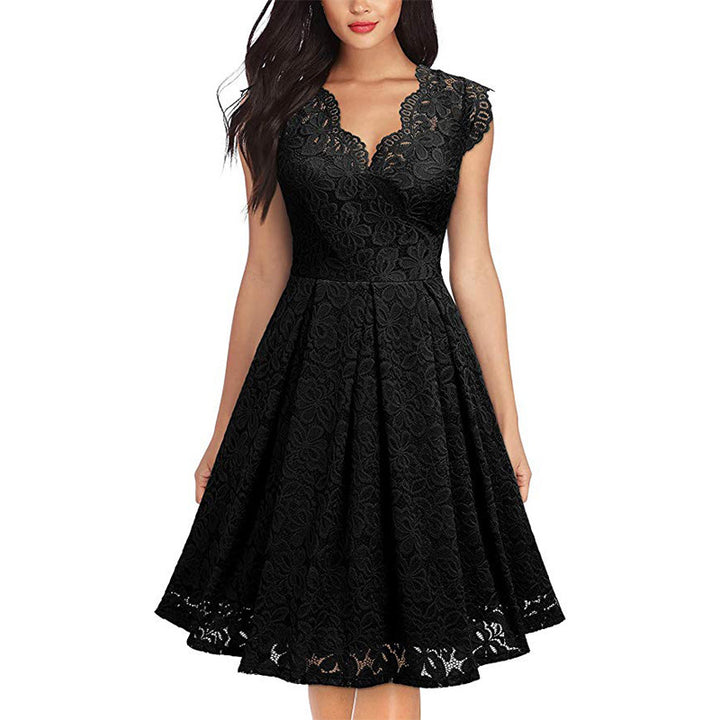 Damen Spitzenkleid mit V-Ausschnitt und ausgestelltem Rock Drune