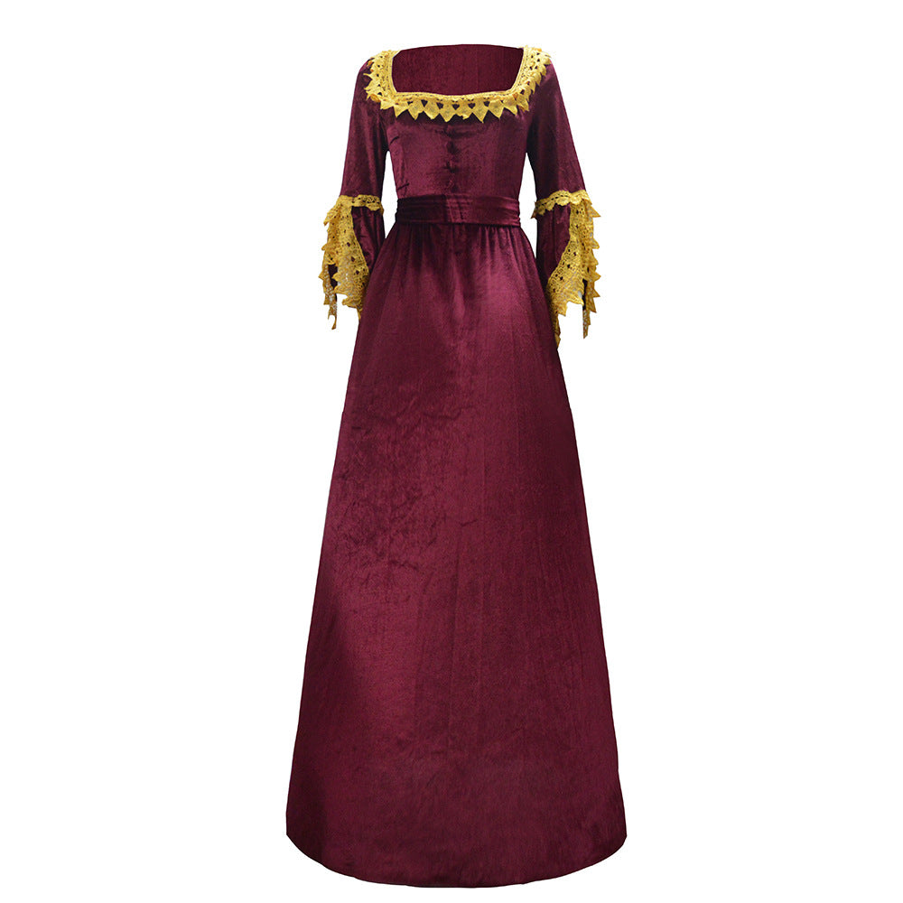 Damen Viktorianisches Samt-Ballkleid mit geraffter Taille und Spitzenärmeln Drune