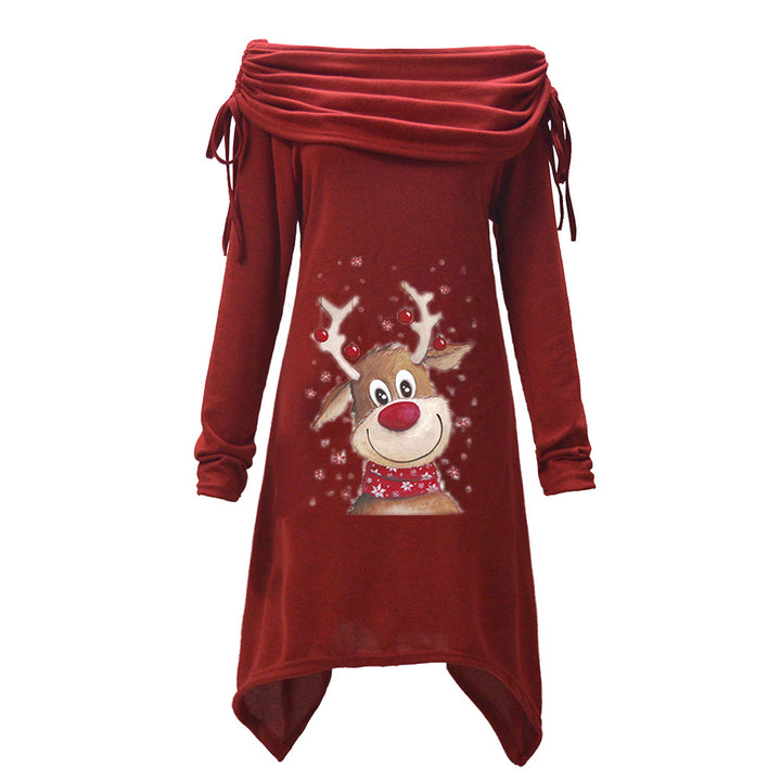 Damen Freizeitkleid mit schulterfreiem Design und verspieltem Rentier-Motiv Drune