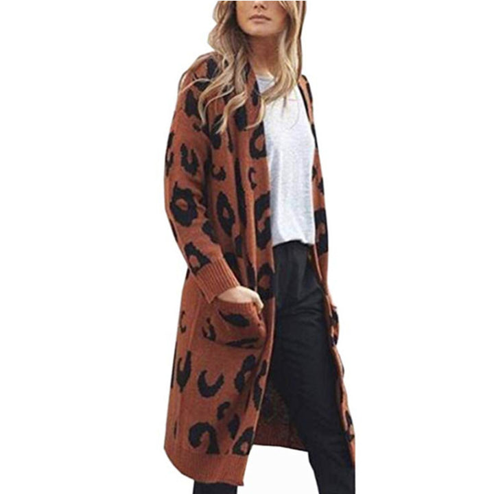 Damen Grobstrick-Kardigan mit Leopardenmuster und praktischen Taschen Drune