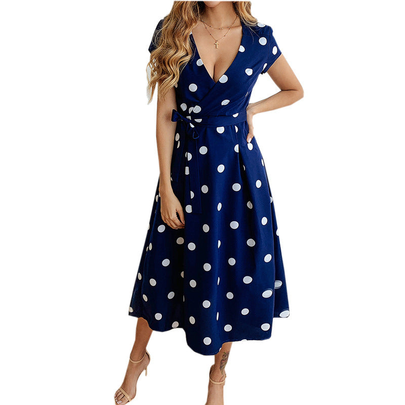 Damen Wickelkleid mit Punkten und tiefer V-Ausschnitt Drune