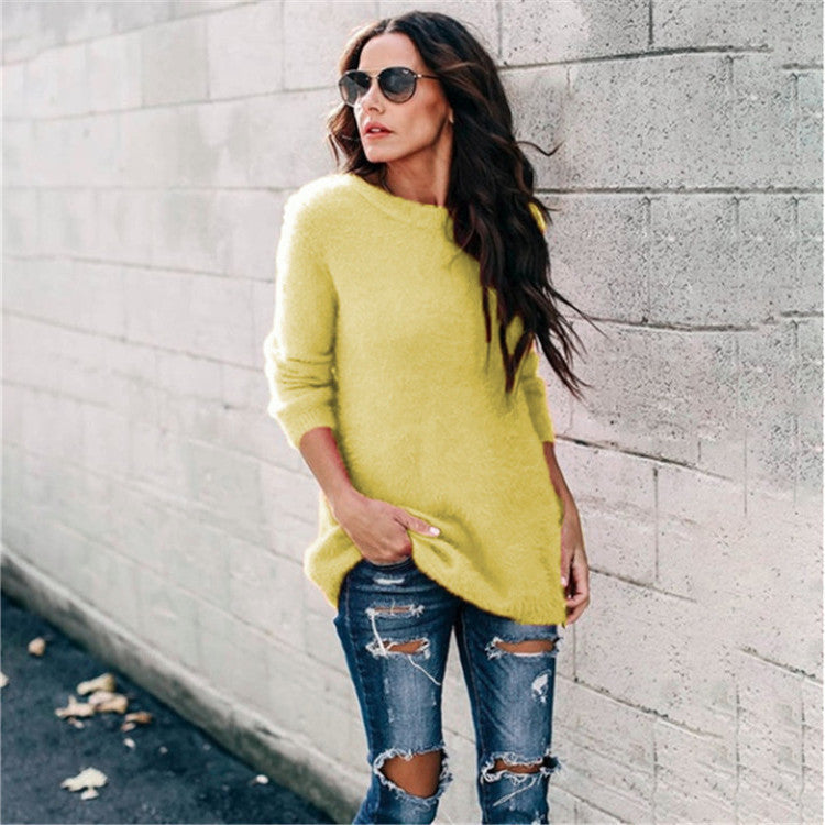 Damen nan kuscheliger Oversize-Strickpullover mit Rundhalsausschnitt Hoch-Tief-Saum und Seitenschlitzen Drune