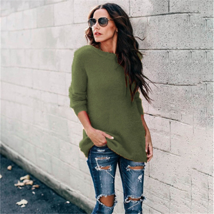 Damen nan kuscheliger Oversize-Strickpullover mit Rundhalsausschnitt Hoch-Tief-Saum und Seitenschlitzen Drune