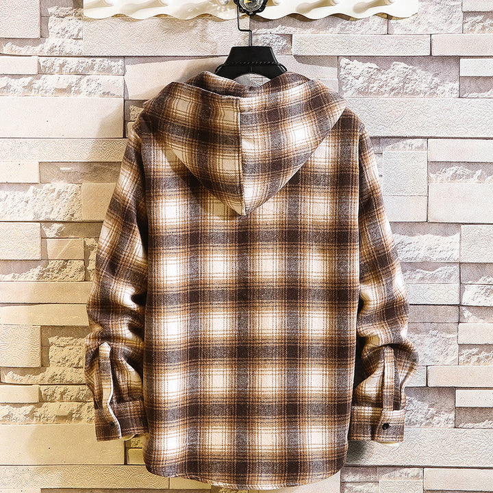 Herren Kariertes Overshirt-Hoodie aus Flanell mit Kapuze und Brusttasche Drune