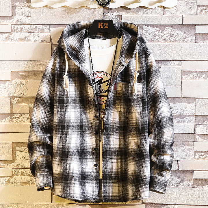 Herren Kariertes Overshirt-Hoodie aus Flanell mit Kapuze und Brusttasche Drune