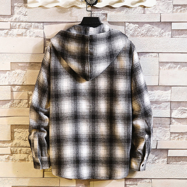 Herren Kariertes Overshirt-Hoodie aus Flanell mit Kapuze und Brusttasche Drune