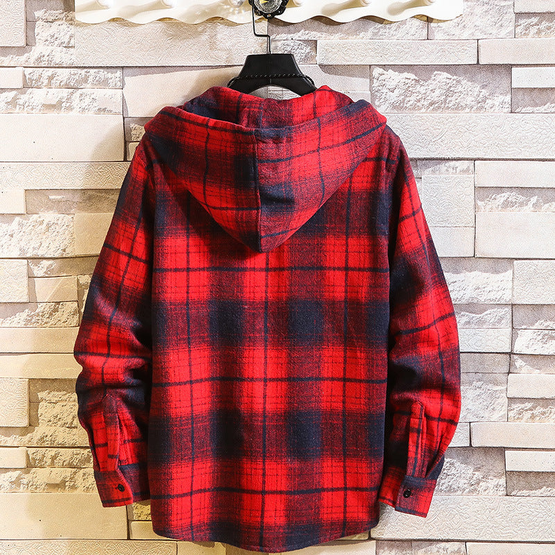 Herren Karo‑Flanell‑Hoodie‑Overshirt mit Kapuze, Brusttasche und Knopfleiste Drune