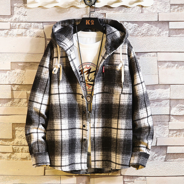 Herren Karo‑Flanell‑Hoodie‑Overshirt mit Kapuze, Brusttasche und Knopfleiste Drune