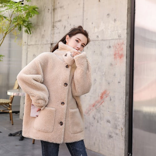 Damen kuscheliger Fleece Mantel mit hohen Kragen und Taschen Drune