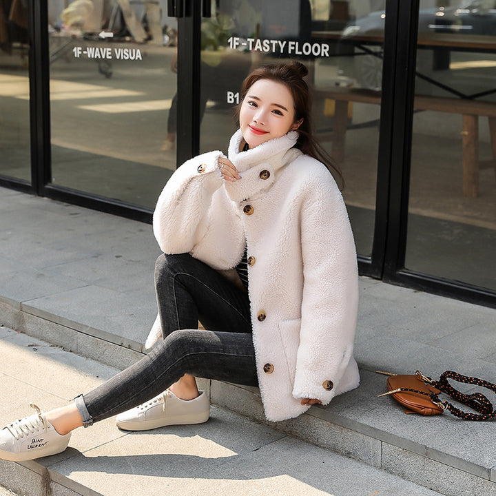 Damen kuscheliger Fleece Mantel mit hohen Kragen und Taschen Drune