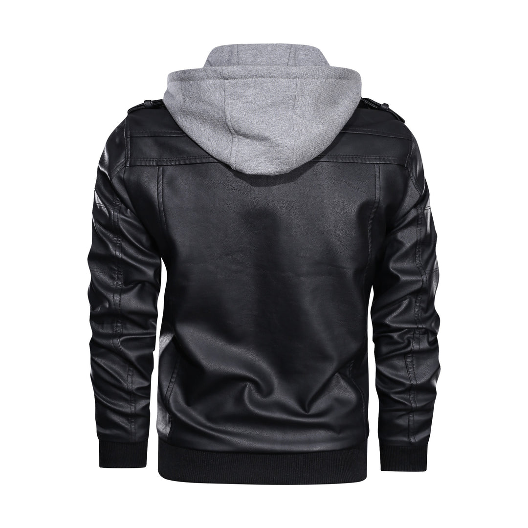 Herren Lederimitat-Bomberjacke mit Kapuzeneinsatz im Sweat-Look & Utility-Details Drune