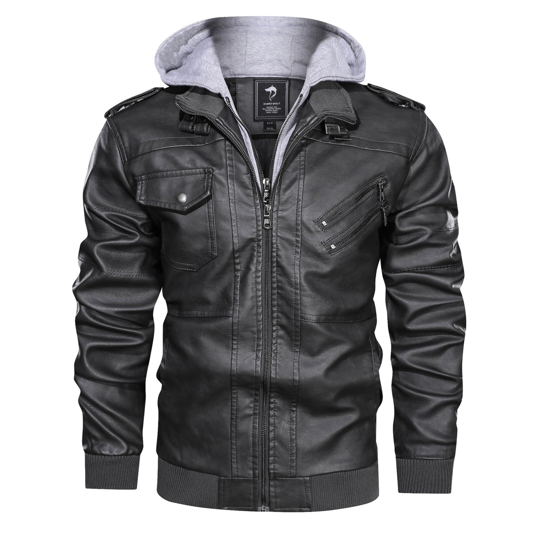 Herren Lederimitat-Bomberjacke mit Kapuzeneinsatz im Sweat-Look & Utility-Details Drune