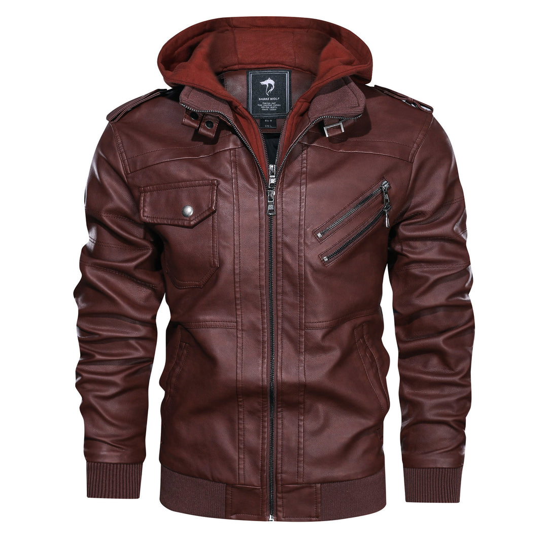 Herren Lederimitat-Bomberjacke mit Kapuzeneinsatz im Sweat-Look & Utility-Details Drune