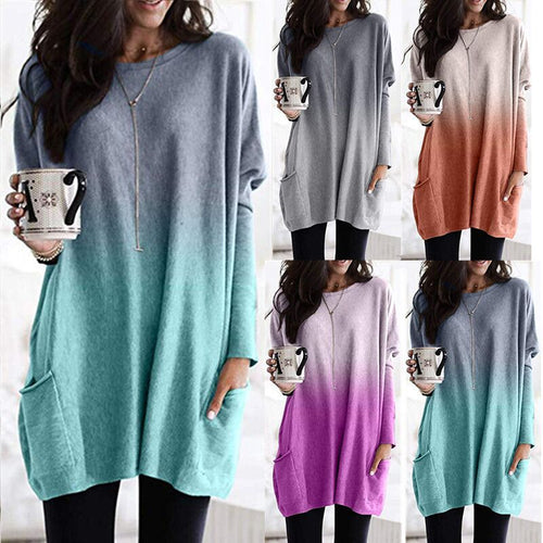Damen Freizeit Oversized Tunika mit Ombre Farbverlauf, Rundhalsausschnitt und Seitentaschen Drune