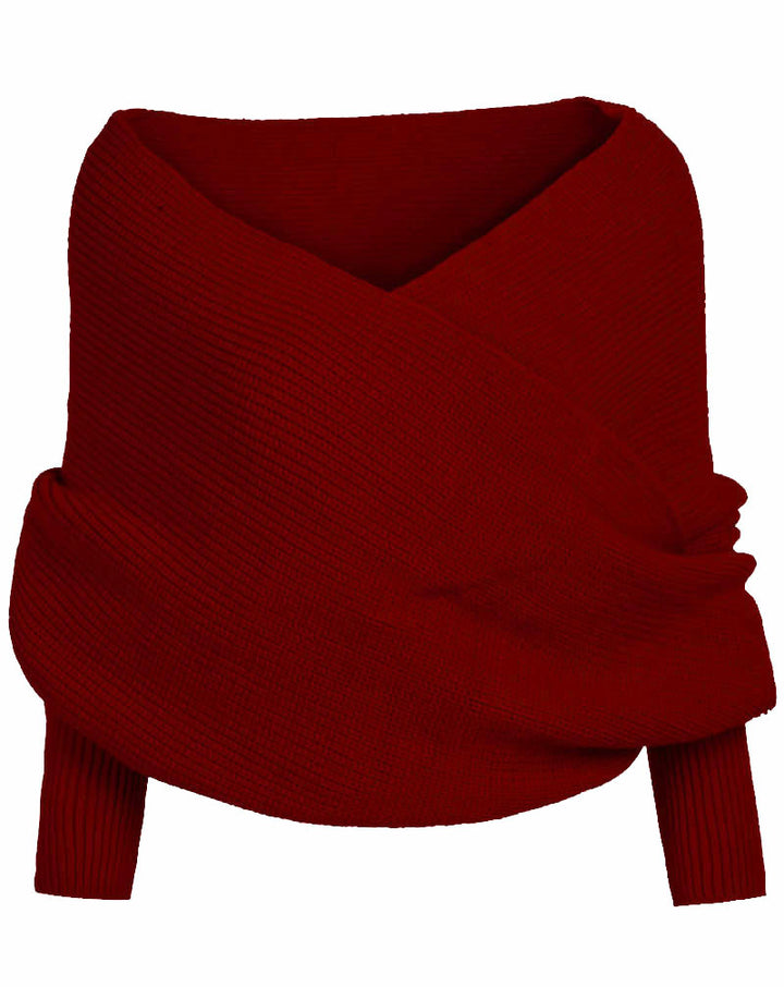 Damen Oversize Schulterfreier Wickelstrickpullover aus Rippstrick Drune