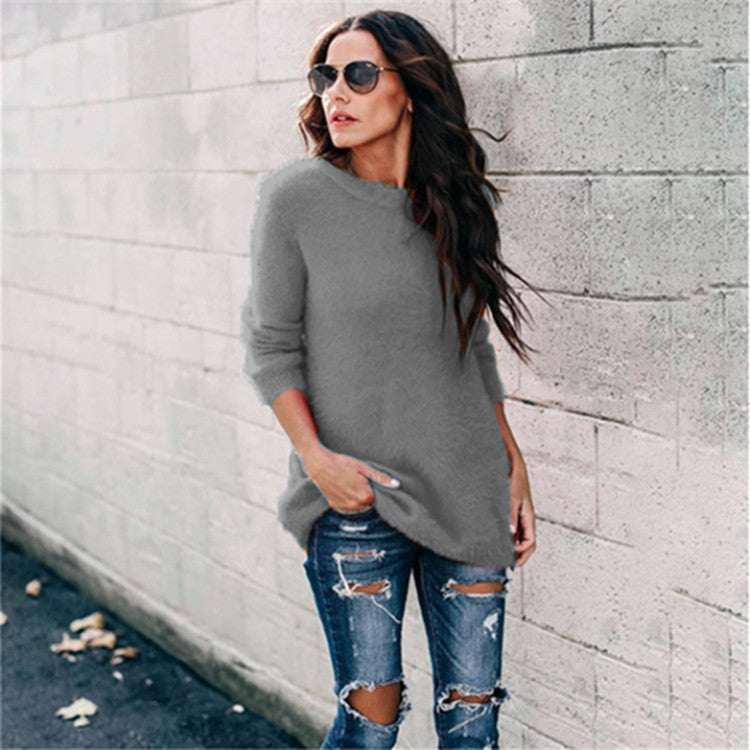 Damen nan kuscheliger Oversize-Strickpullover mit Rundhalsausschnitt Hoch-Tief-Saum und Seitenschlitzen Drune