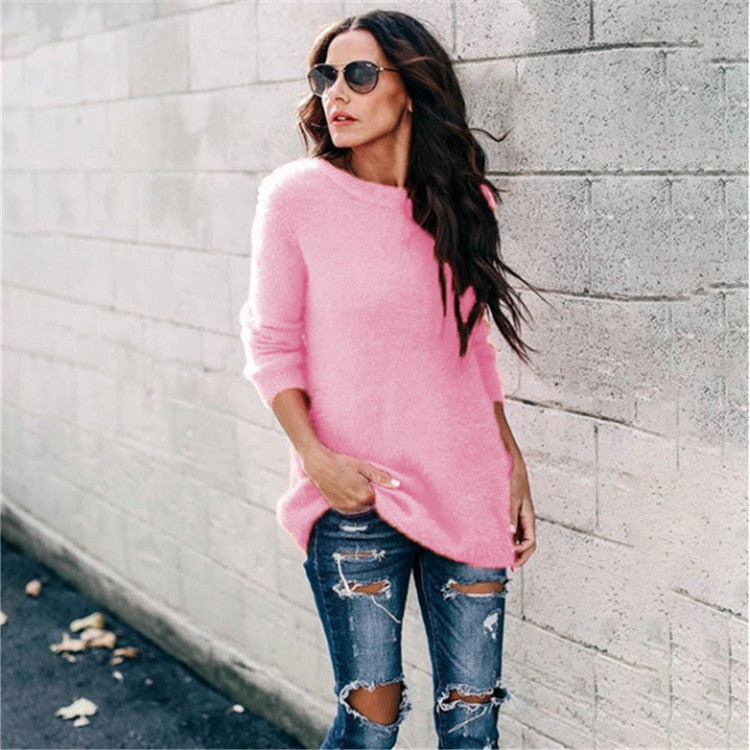 Damen nan kuscheliger Oversize-Strickpullover mit Rundhalsausschnitt Hoch-Tief-Saum und Seitenschlitzen Drune