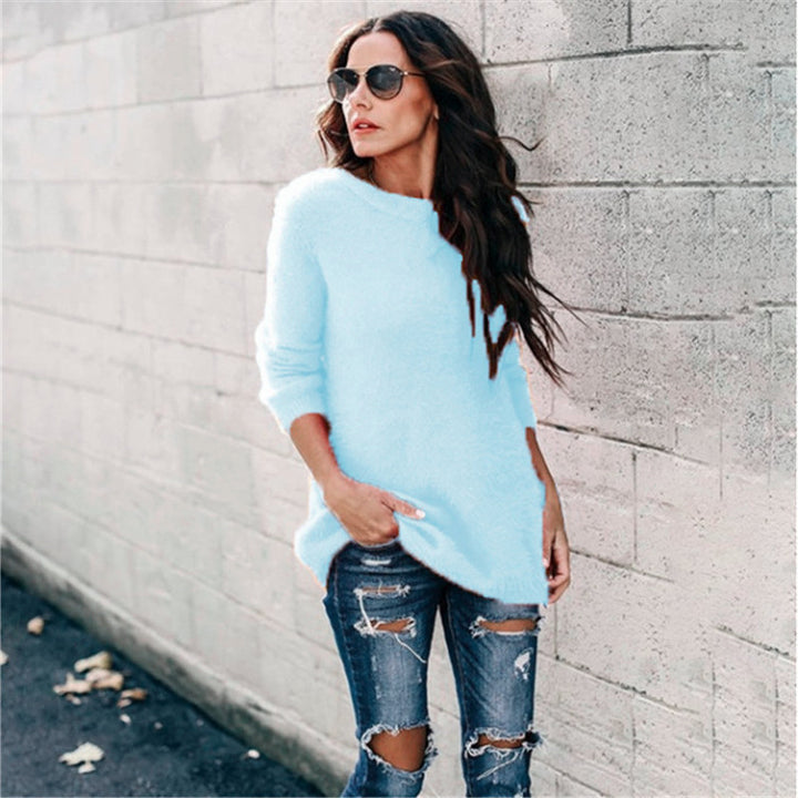 Damen nan kuscheliger Oversize-Strickpullover mit Rundhalsausschnitt Hoch-Tief-Saum und Seitenschlitzen Drune