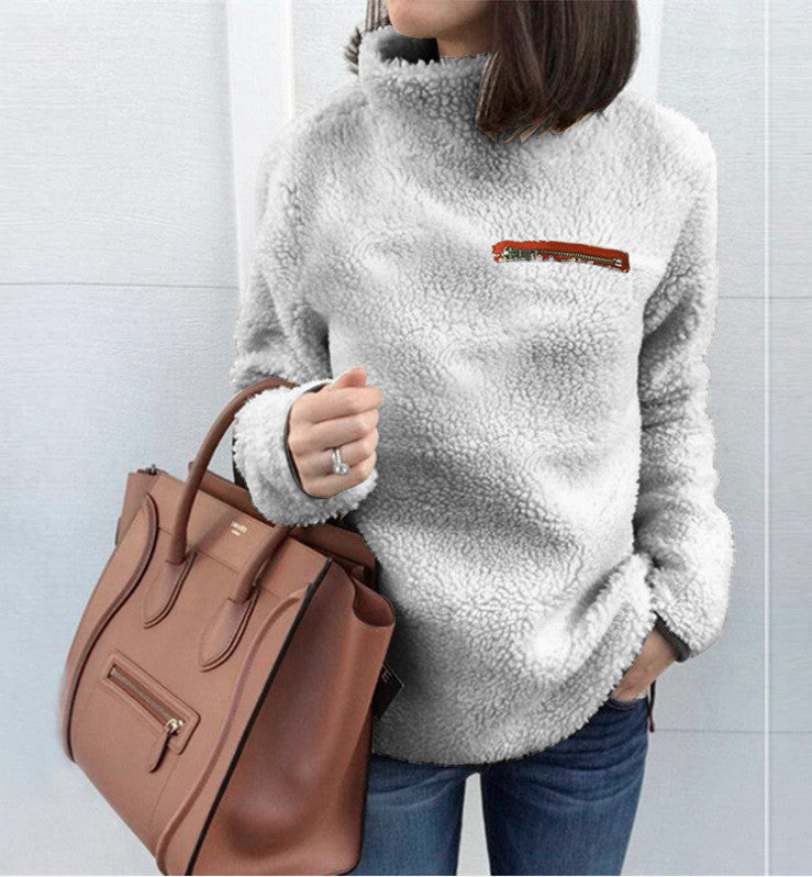 Damen nan kuscheliger Teddy-Fleecepullover mit Stehkragen und Brustreißverschluss Drune