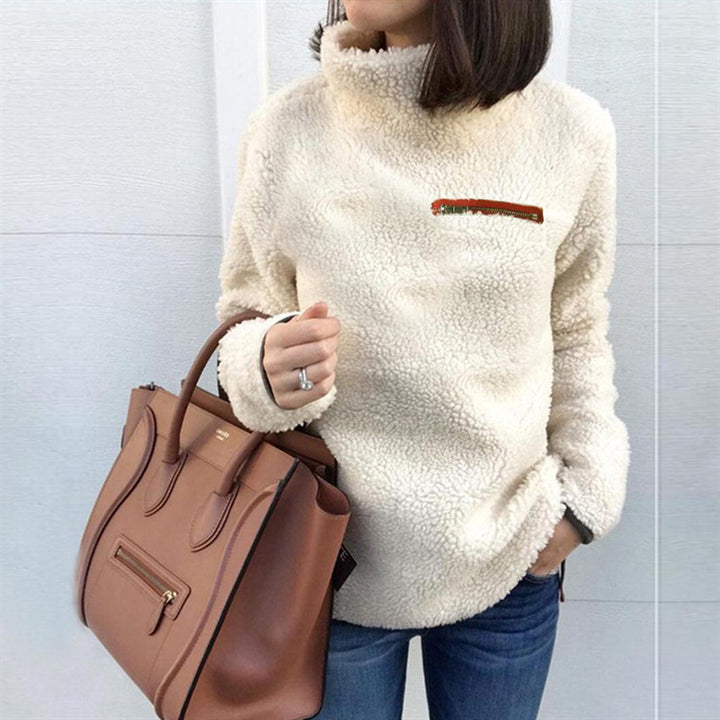 Damen nan kuscheliger Teddy-Fleecepullover mit Stehkragen und Brustreißverschluss Drune