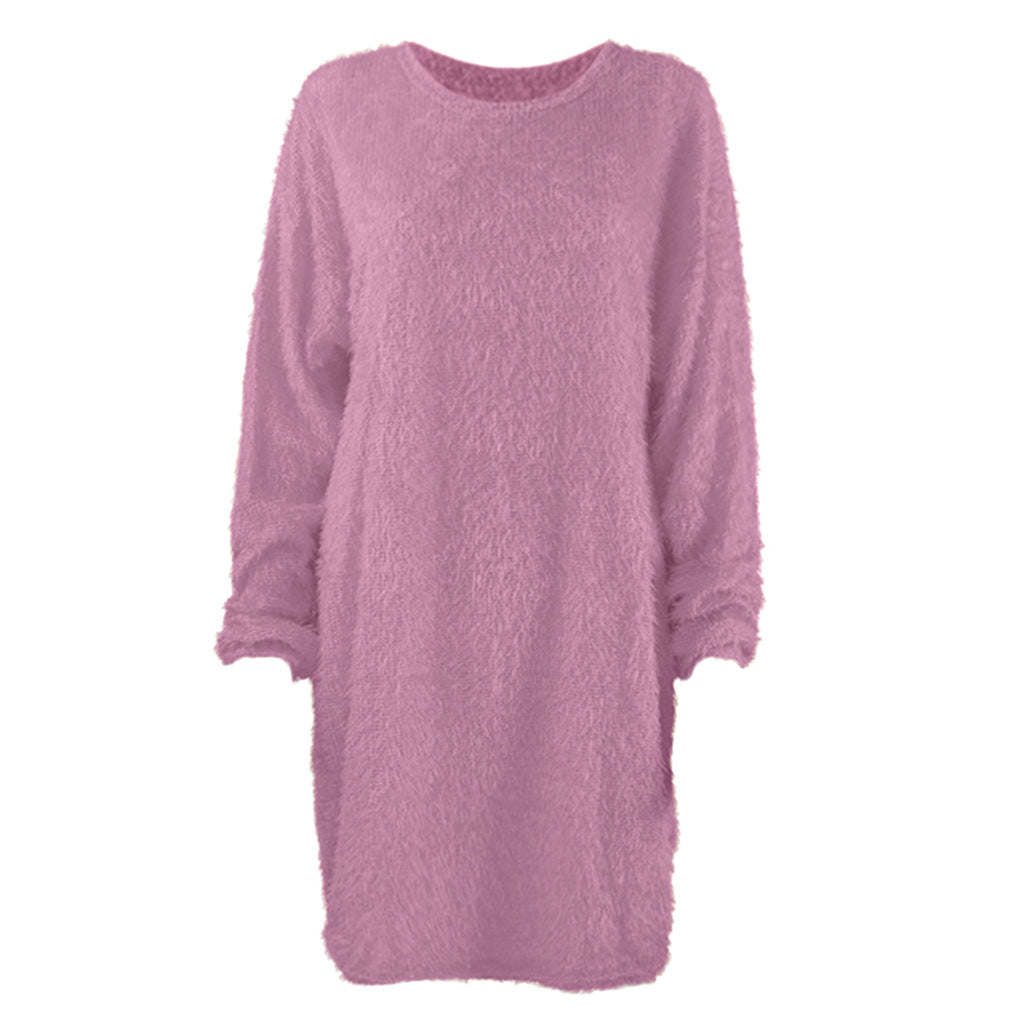 Damen Kuscheliges Oversize Plüsch-Kleid mit Rundhalsausschnitt Drune