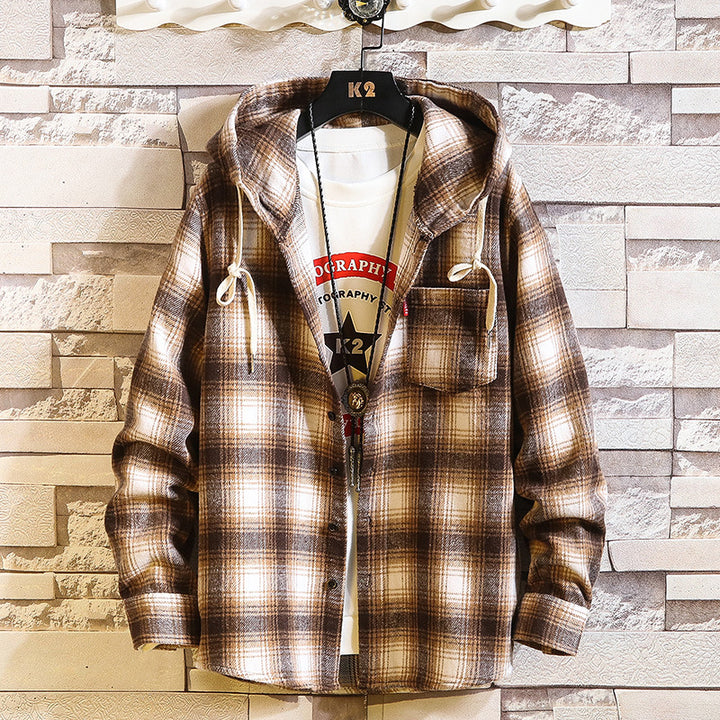 Herren Kariertes Overshirt-Hoodie aus Flanell mit Kapuze und Brusttasche Drune