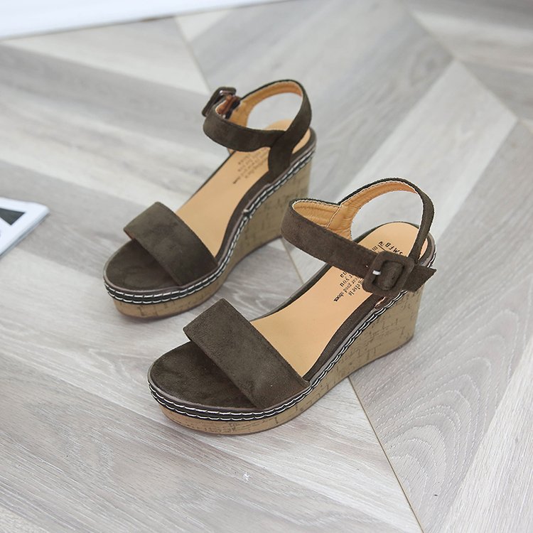 Damen nan Keilabsatzsandalen mit Korkplateau, verstellbarem Schnallenriemen und gekreuzten Wildlederriemen Drune