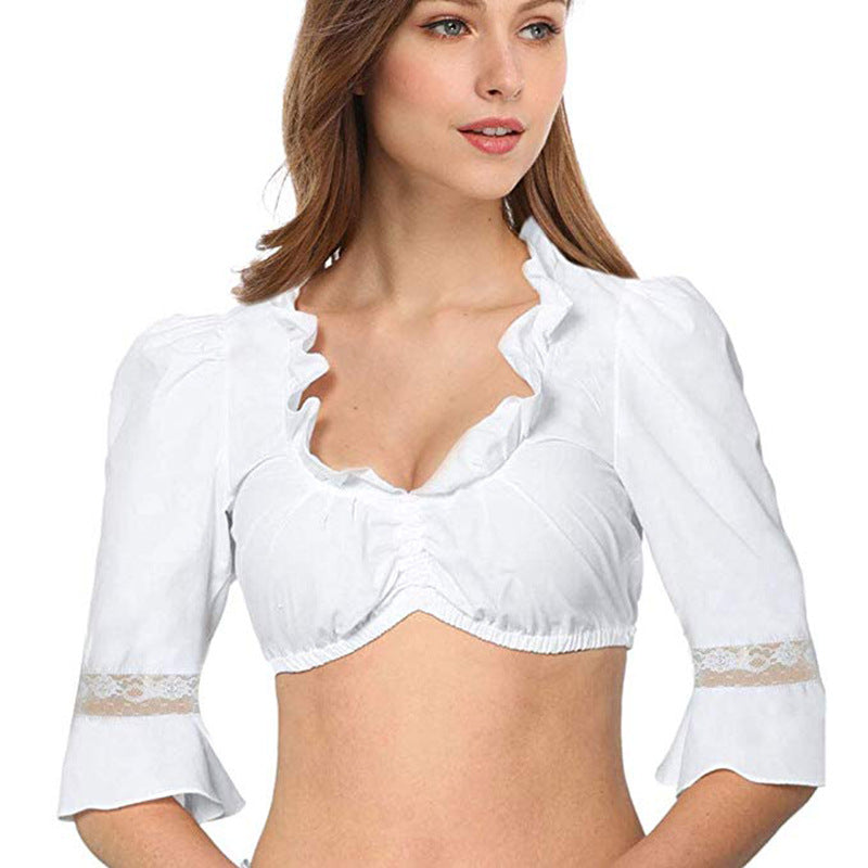 Damen  traditionelle Dirndlbluse mit Rüschenausschnitt und Spitzenbesatz sowie dreiviertelärmel Drune