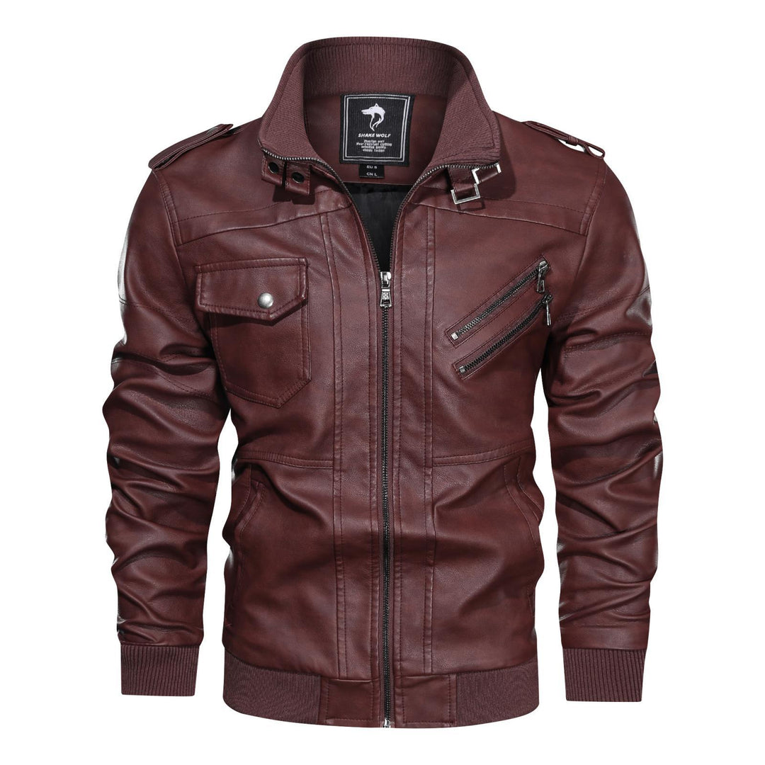 Herren Lederjacke im Biker-Stil mit Stehkragen, Reißverschluss-Taschen und elastischen Bündchen Drune