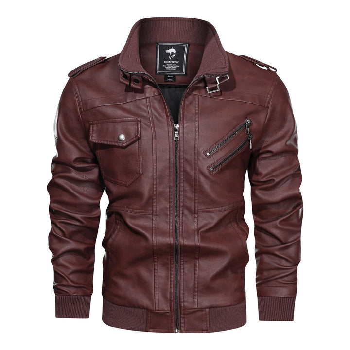 Herren Lederjacke im Biker-Stil mit Stehkragen, Reißverschluss-Taschen und elastischen Bündchen Drune