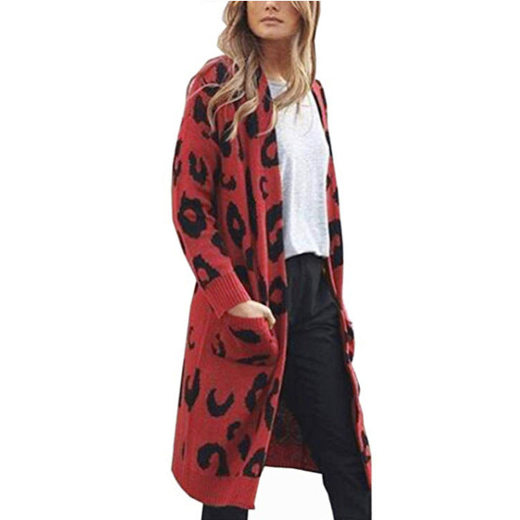 Damen Grobstrick-Kardigan mit Leopardenmuster und praktischen Taschen Drune