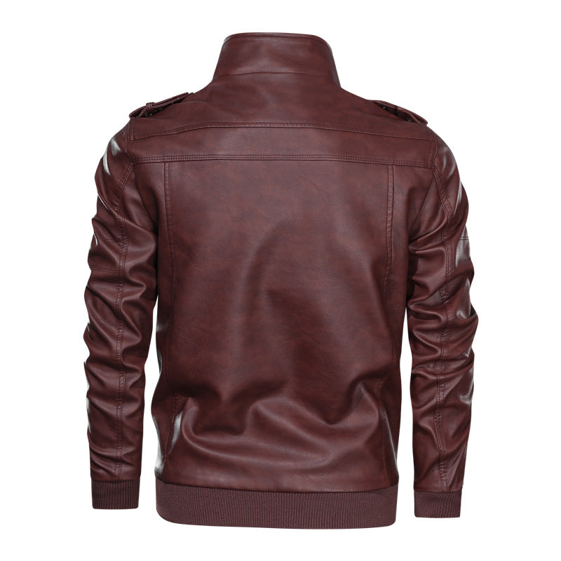 Herren Lederjacke im Biker-Stil mit Stehkragen, Reißverschluss-Taschen und elastischen Bündchen Drune
