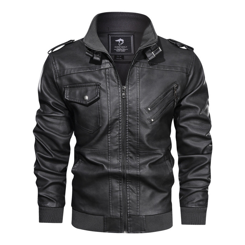 Herren Lederjacke im Biker-Stil mit Stehkragen, Reißverschluss-Taschen und elastischen Bündchen Drune