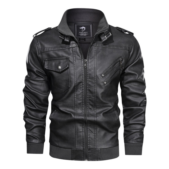 Herren Lederjacke im Biker-Stil mit Stehkragen, Reißverschluss-Taschen und elastischen Bündchen Drune