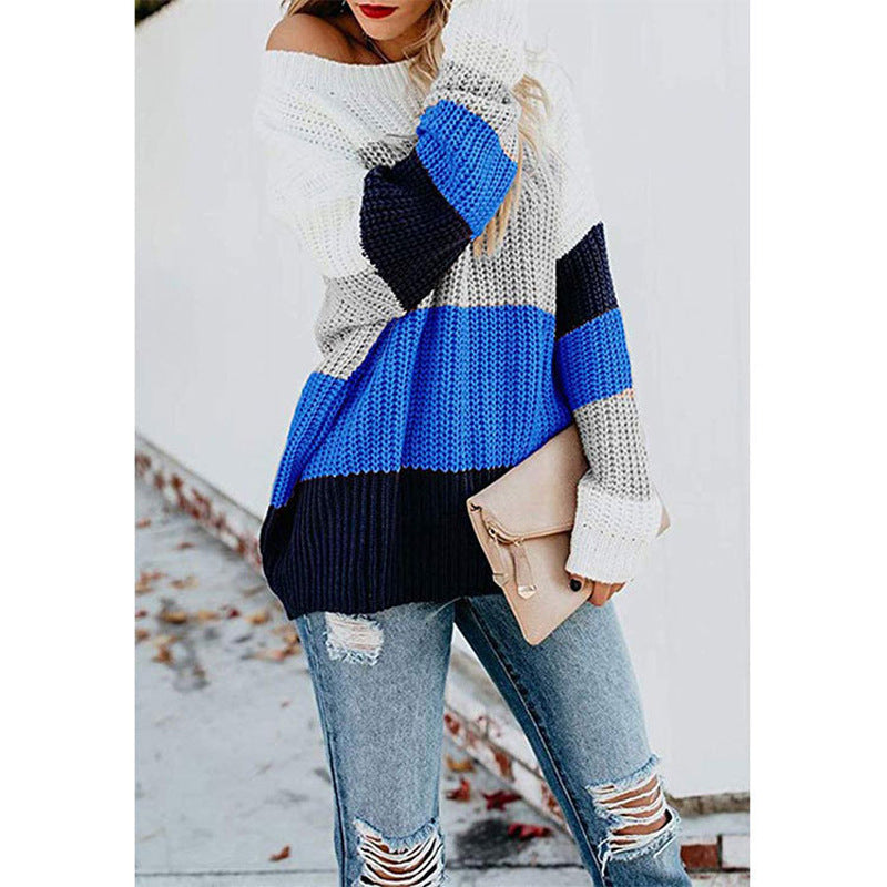 Damen Freizeit-Strickpullover mit modernem Blockstreifenmuster und Rundhalsausschnitt Drune