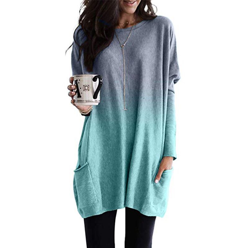 Damen Freizeit Oversized Tunika mit Ombre Farbverlauf, Rundhalsausschnitt und Seitentaschen Drune
