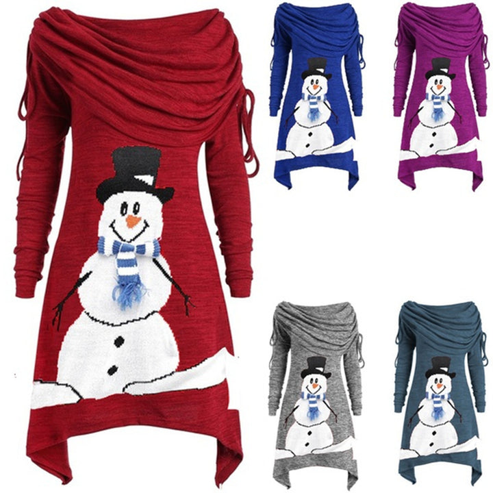 Damen lässiges Weihnachtskleid mit schulterfreiem Design und Schneemann-Motiv Drune