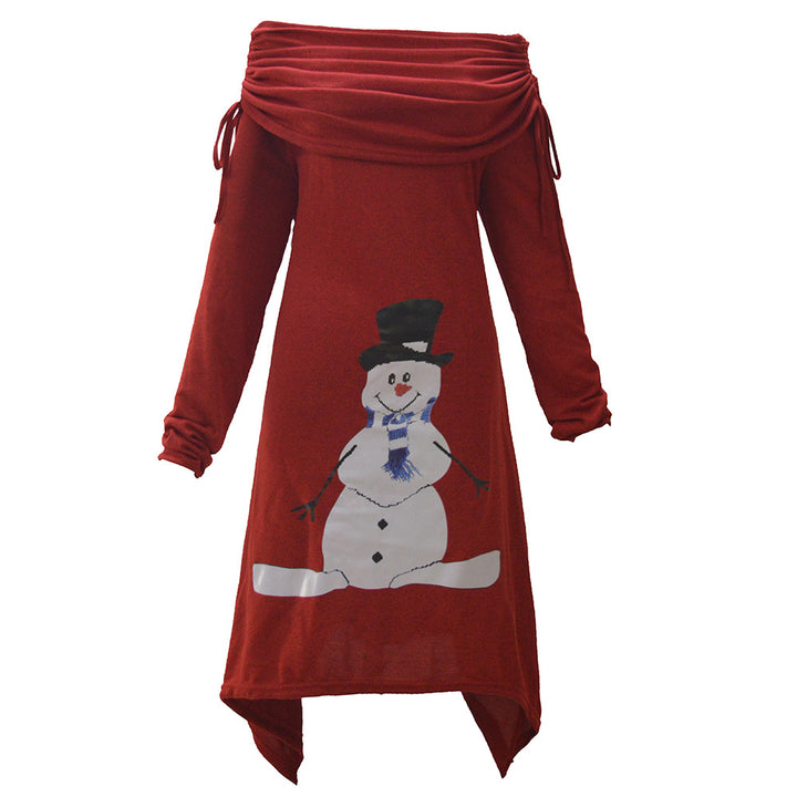 Damen lässiges Weihnachtskleid mit schulterfreiem Design und Schneemann-Motiv Drune